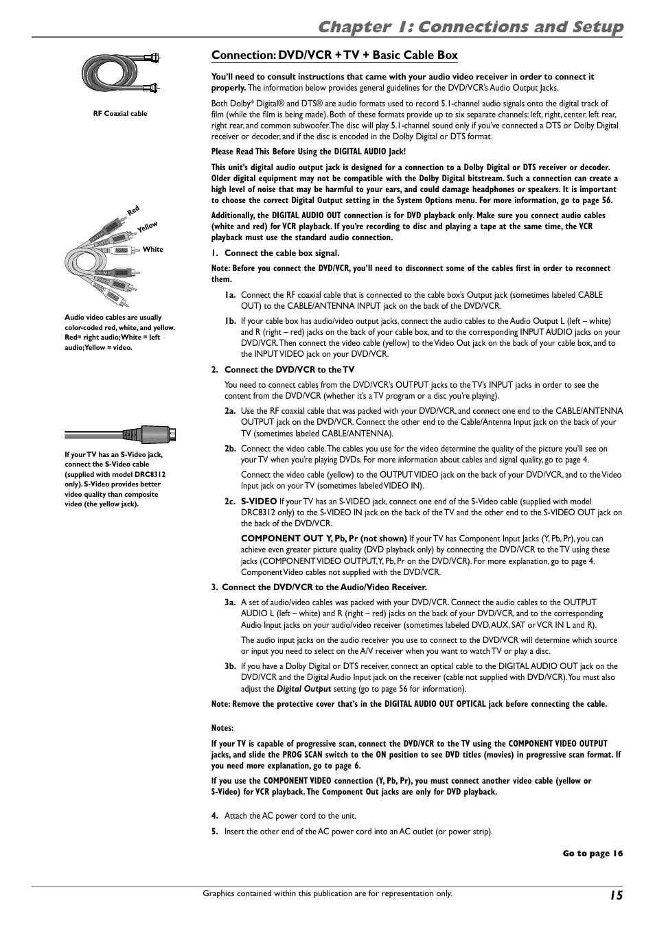 Chapter 1: connections and setup, Connection: dvd/vcr + tv + basic cable box | RCA DVD Recorder/VCR Combo User Manual | Page 17 / 68