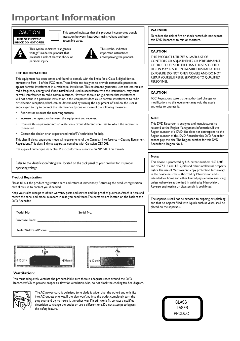 Important information, Caution | RCA DVD Recorder/VCR Combo User Manual | Page 2 / 68