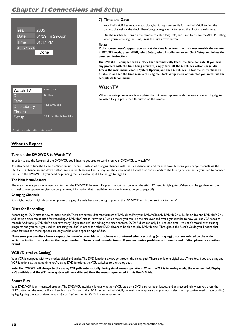 Chapter 1: connections and setup, Watch tv, What to expect | RCA DVD Recorder/VCR Combo User Manual | Page 20 / 68