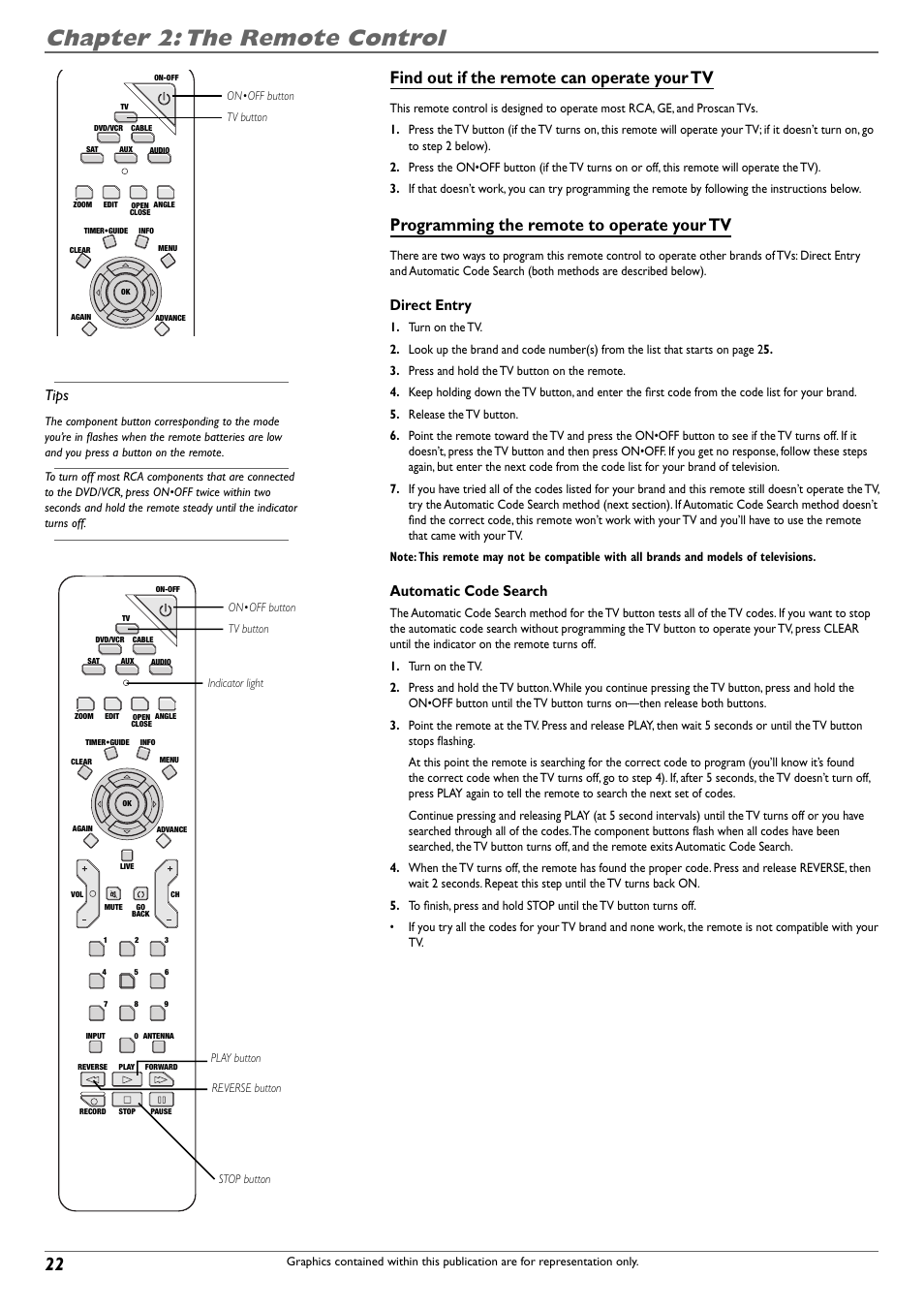 Chapter 2: the remote control, Find out if the remote can operate your tv, Programming the remote to operate your tv | Direct entry, Automatic code search, Tips | RCA DVD Recorder/VCR Combo User Manual | Page 24 / 68