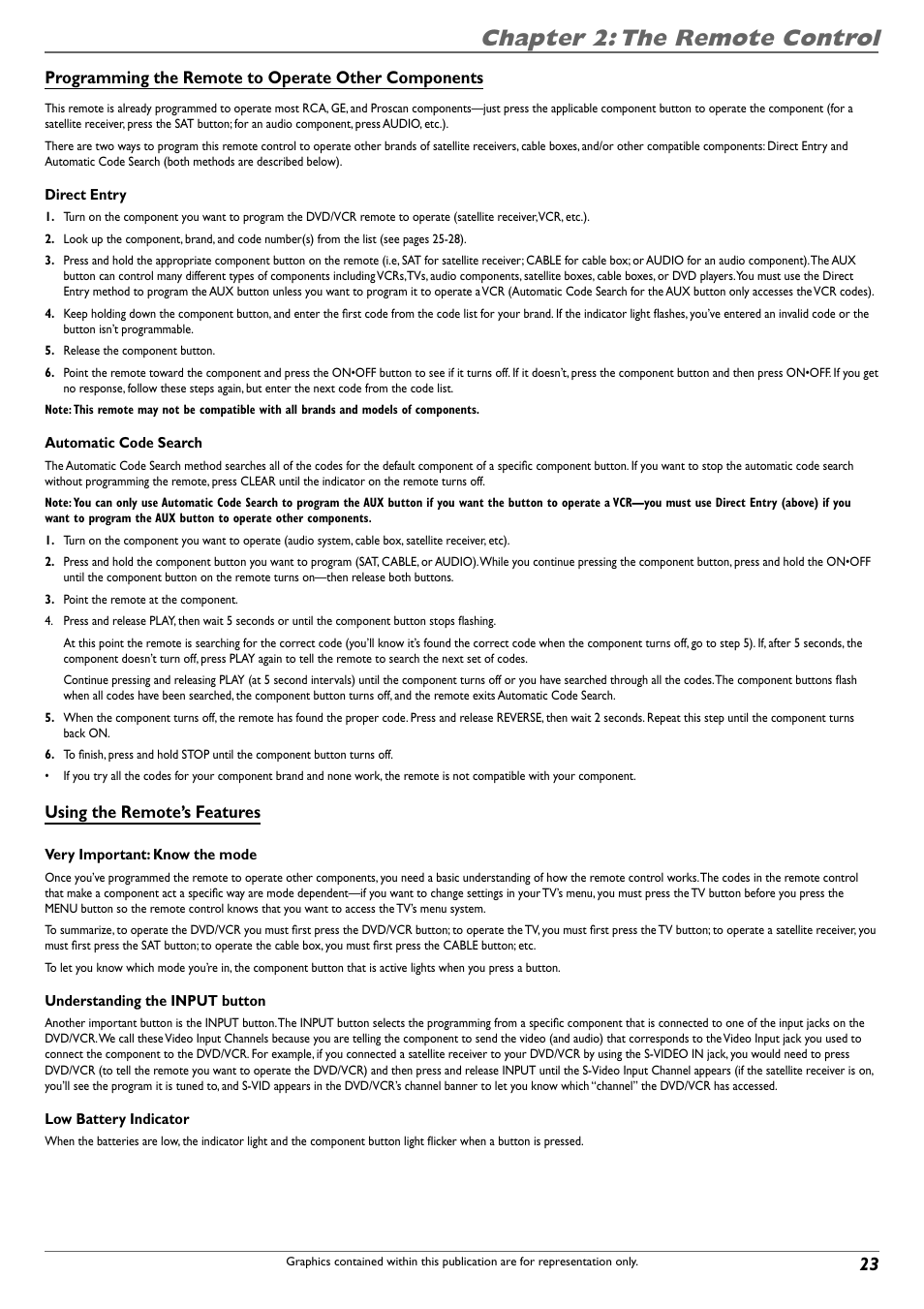 Chapter 2: the remote control, Programming the remote to operate other components, Using the remote’s features | RCA DVD Recorder/VCR Combo User Manual | Page 25 / 68