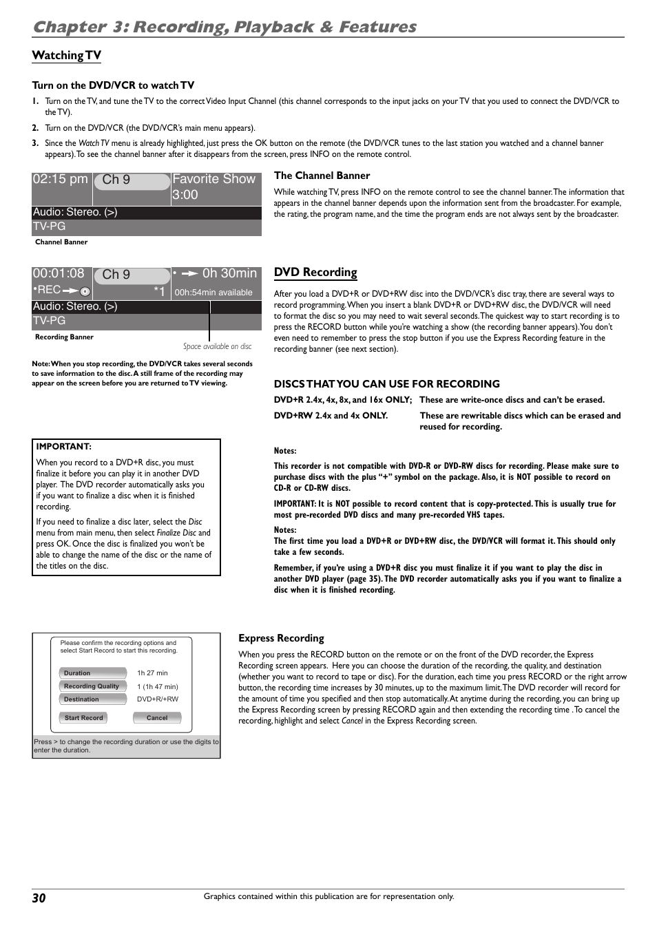 Chapter 3: recording, playback & features, Ch 9 • 0h 30min, Watching tv | Dvd recording | RCA DVD Recorder/VCR Combo User Manual | Page 32 / 68
