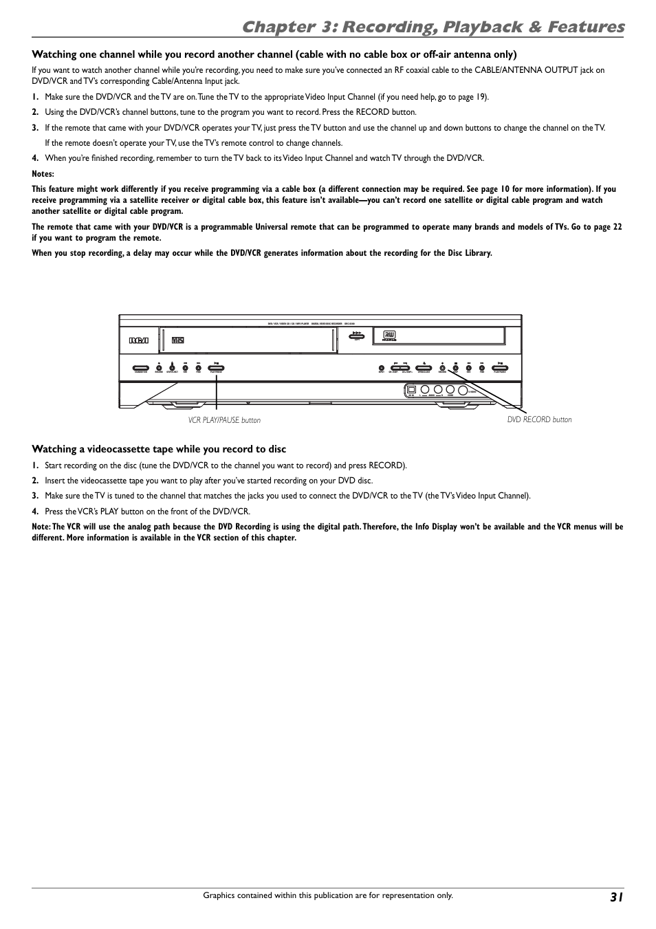 Chapter 3: recording, playback & features, Vcr play/pause button dvd record button | RCA DVD Recorder/VCR Combo User Manual | Page 33 / 68