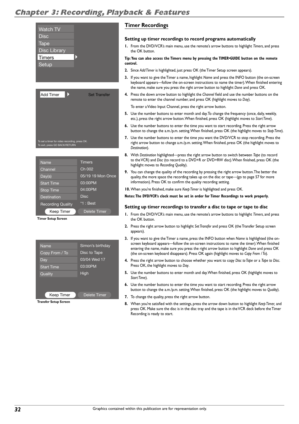 Chapter 3: recording, playback & features, Timer recordings | RCA DVD Recorder/VCR Combo User Manual | Page 34 / 68