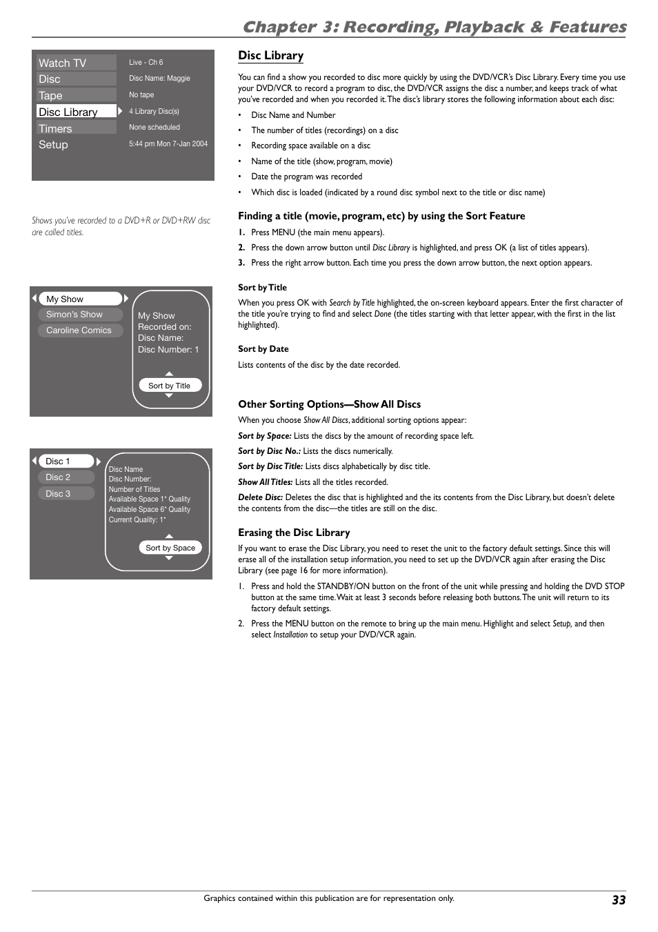 Chapter 3: recording, playback & features, Disc library | RCA DVD Recorder/VCR Combo User Manual | Page 35 / 68
