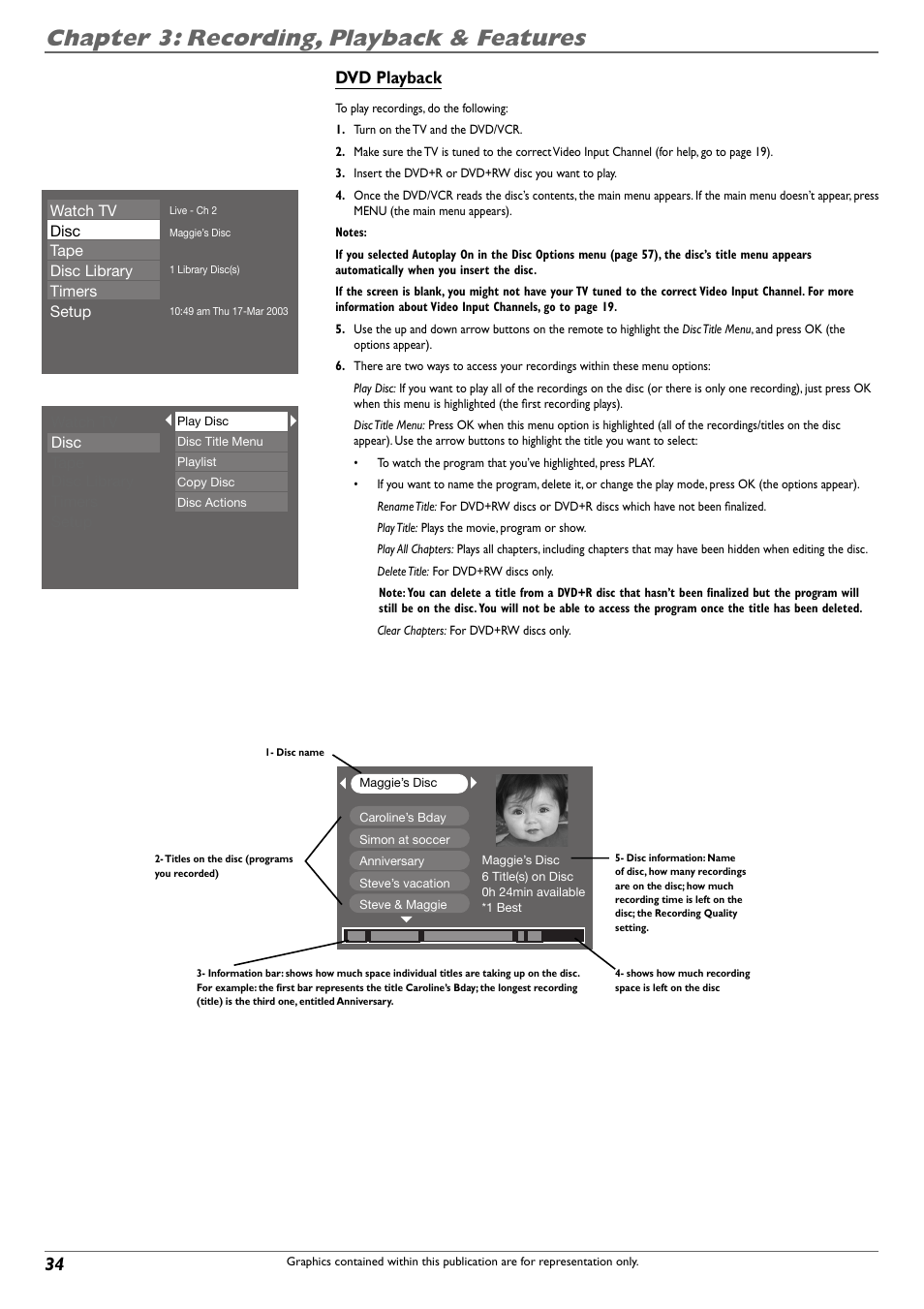 Chapter 3: recording, playback & features, Dvd playback | RCA DVD Recorder/VCR Combo User Manual | Page 36 / 68