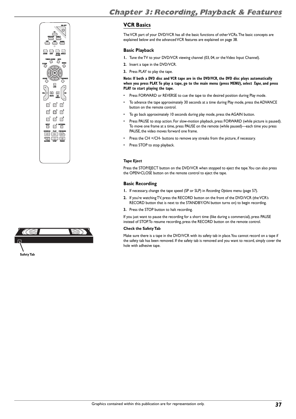 Chapter 3: recording, playback & features, Vcr basics, Basic playback | Basic recording, Tape | RCA DVD Recorder/VCR Combo User Manual | Page 39 / 68