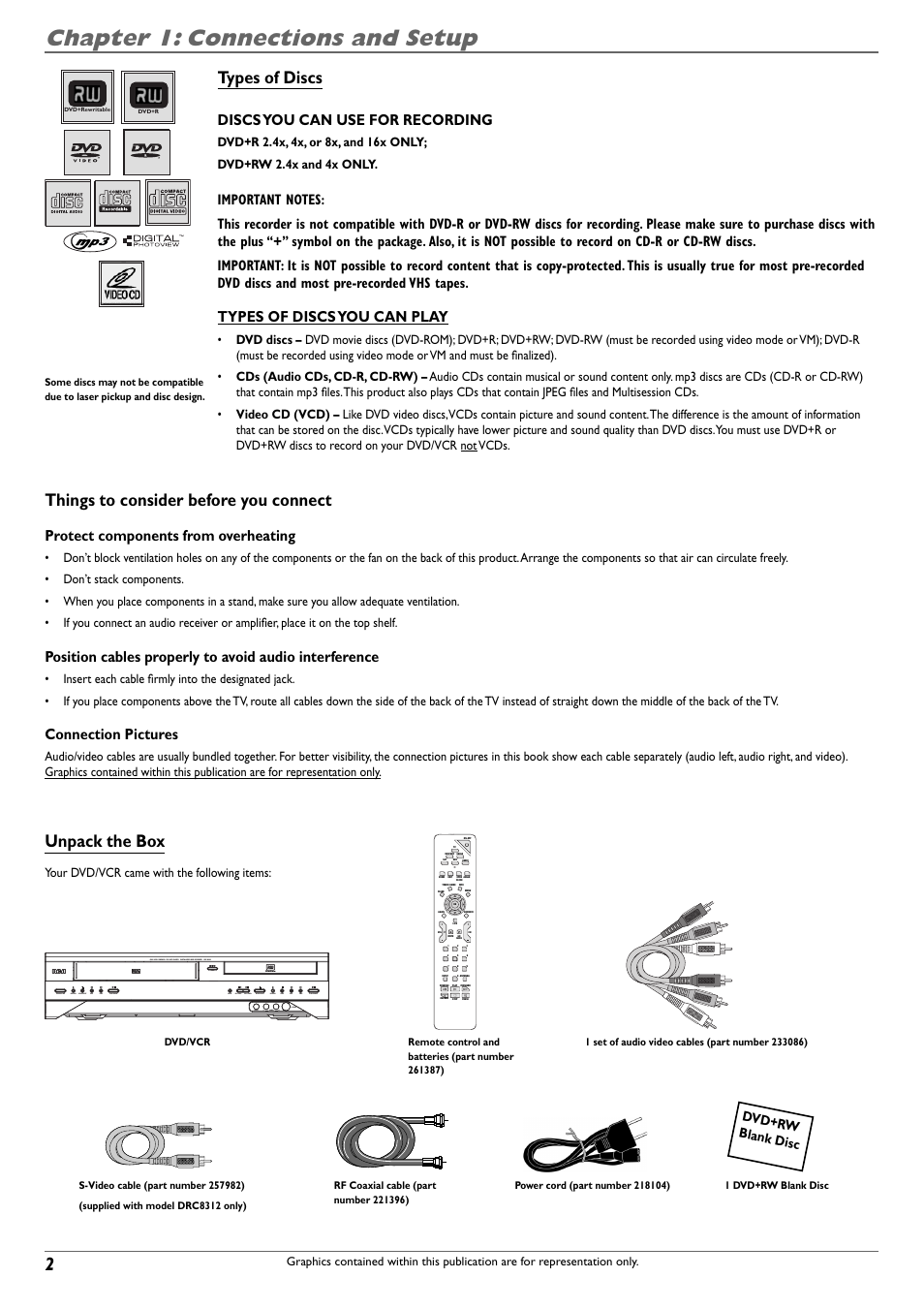 Chapter 1: connections and setup, Types of discs, Things to consider before you connect | Unpack the box, Discs you can use for recording, Types of discs you can play, Protect components from overheating, Connection pictures, Dvd+rw blank disc, Your dvd/vcr came with the following items | RCA DVD Recorder/VCR Combo User Manual | Page 4 / 68