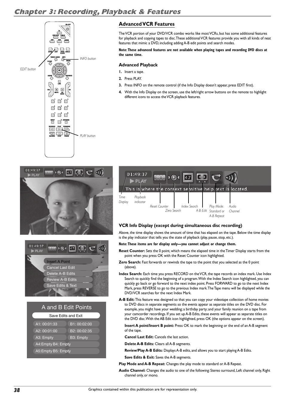 Chapter 3: recording, playback & features, A and b edit points, Advanced vcr features | Advanced playback | RCA DVD Recorder/VCR Combo User Manual | Page 40 / 68