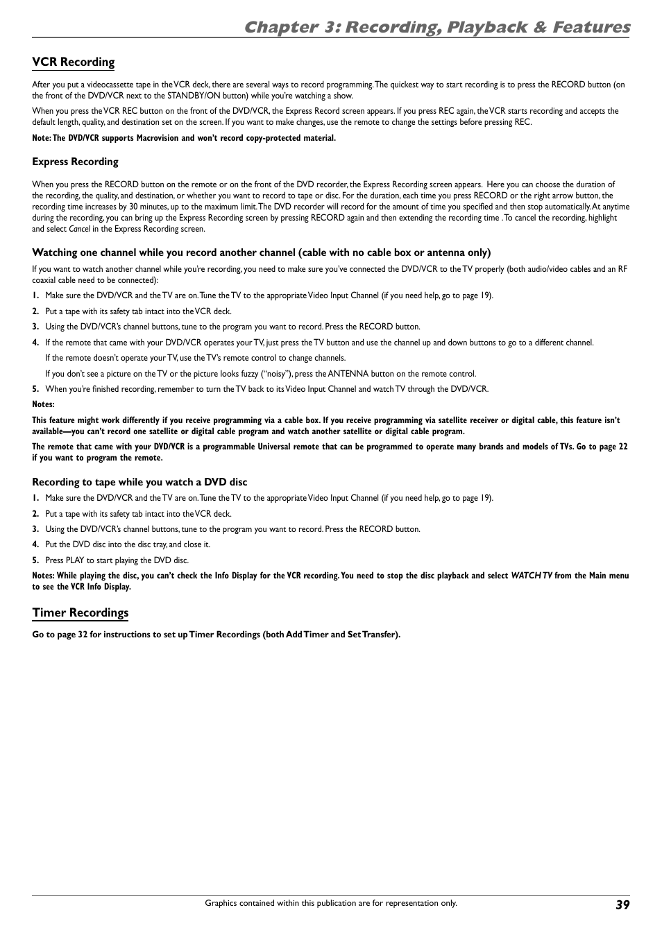 Chapter 3: recording, playback & features, Vcr recording, Timer recordings | RCA DVD Recorder/VCR Combo User Manual | Page 41 / 68