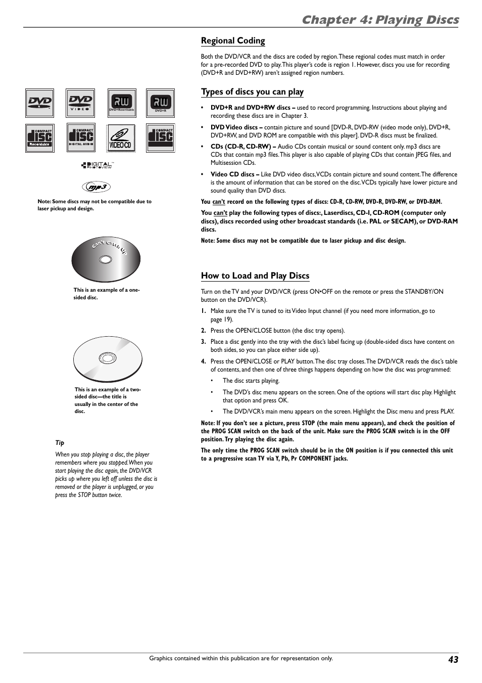 Chapter 4: playing discs, Regional coding, Types of discs you can play | How to load and play discs | RCA DVD Recorder/VCR Combo User Manual | Page 45 / 68