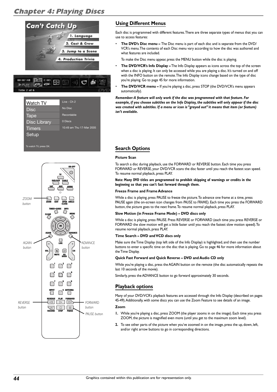 Chapter 4: playing discs, Using different menus, Search options | Playback options, Watch tv disc tape disc library timers setup | RCA DVD Recorder/VCR Combo User Manual | Page 46 / 68