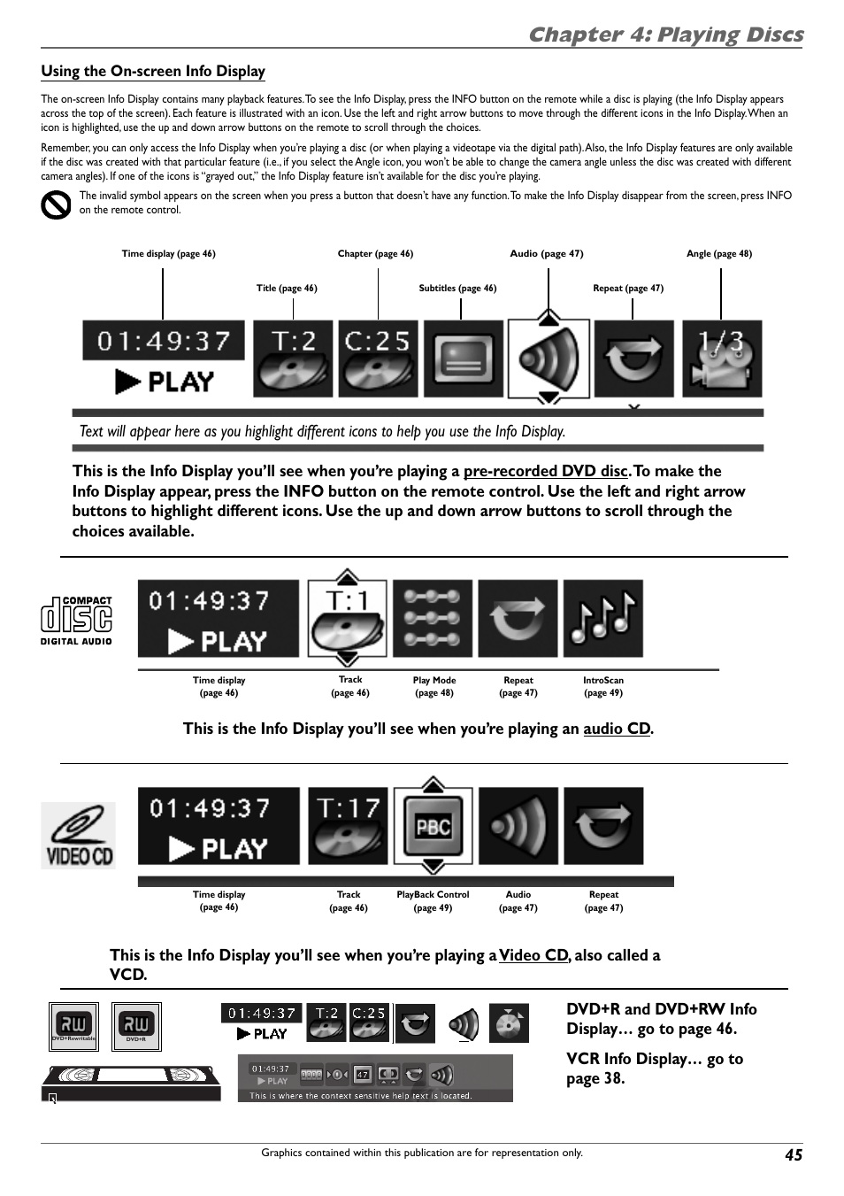 Chapter 4: playing discs, Using the on-screen info display | RCA DVD Recorder/VCR Combo User Manual | Page 47 / 68