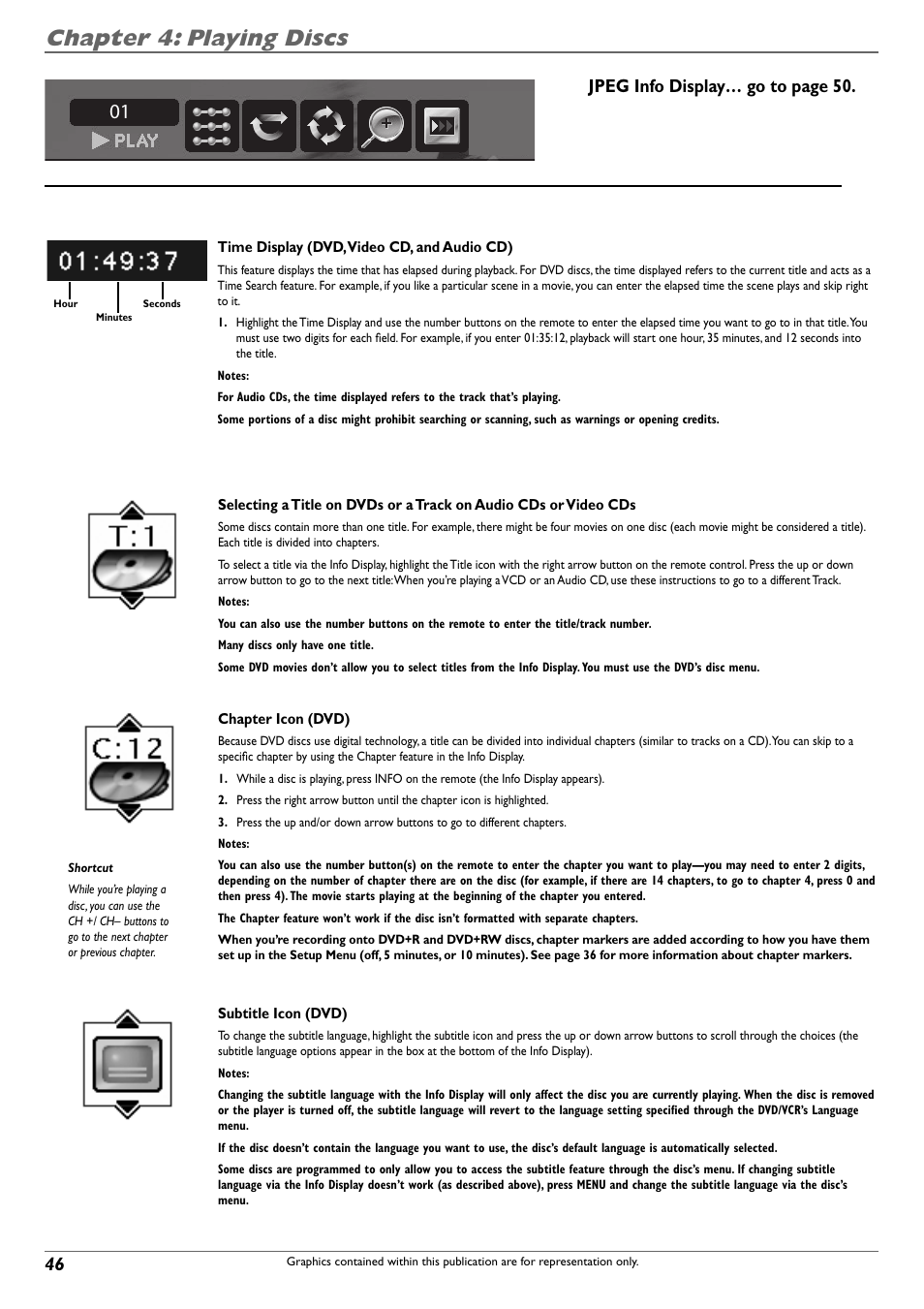 Chapter 4: playing discs, Jpeg info display… go to page 50 | RCA DVD Recorder/VCR Combo User Manual | Page 48 / 68