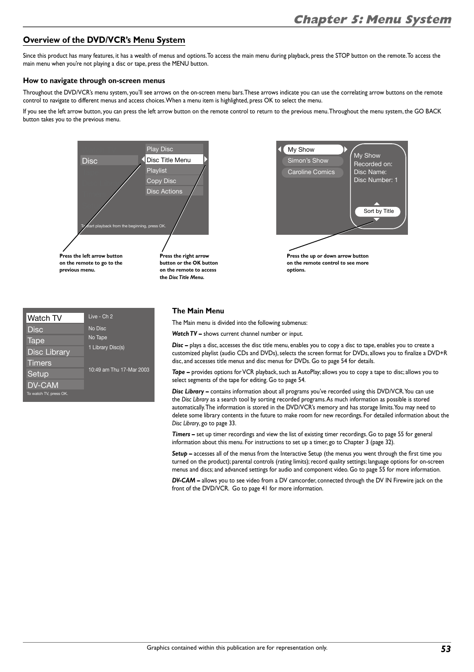 Chapter 5: menu system, Overview of the dvd/vcr’s menu system | RCA DVD Recorder/VCR Combo User Manual | Page 55 / 68