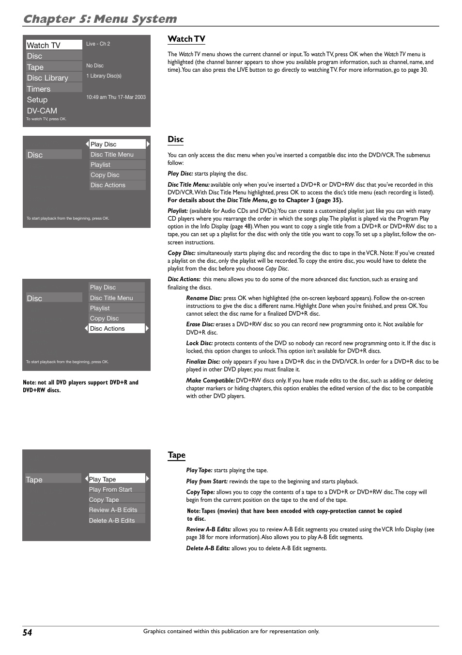 Chapter 5: menu system, Watch tv, Disc | Tape | RCA DVD Recorder/VCR Combo User Manual | Page 56 / 68