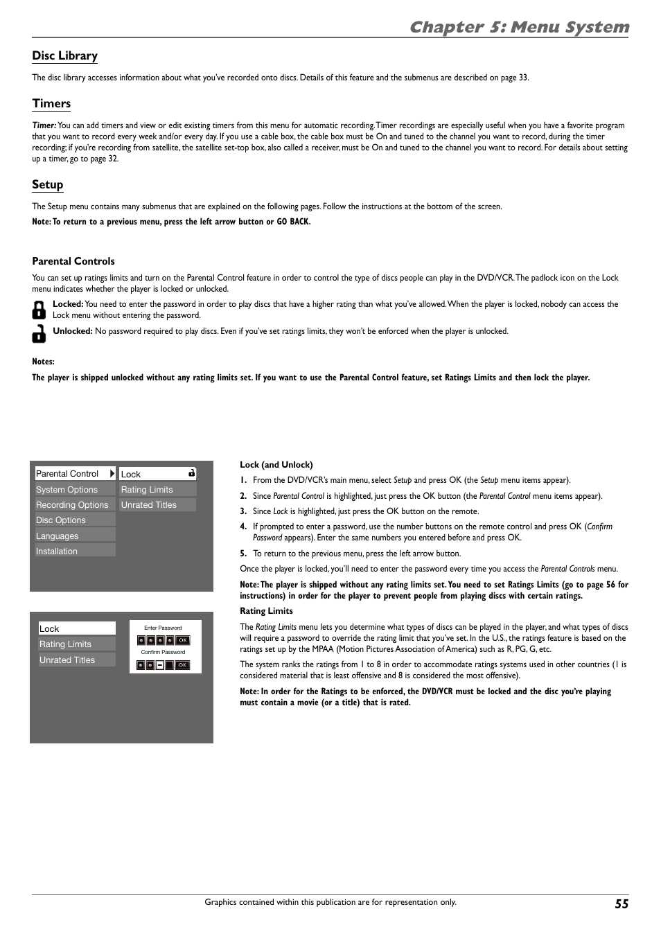 Chapter 5: menu system, Disc library, Timers | Setup | RCA DVD Recorder/VCR Combo User Manual | Page 57 / 68