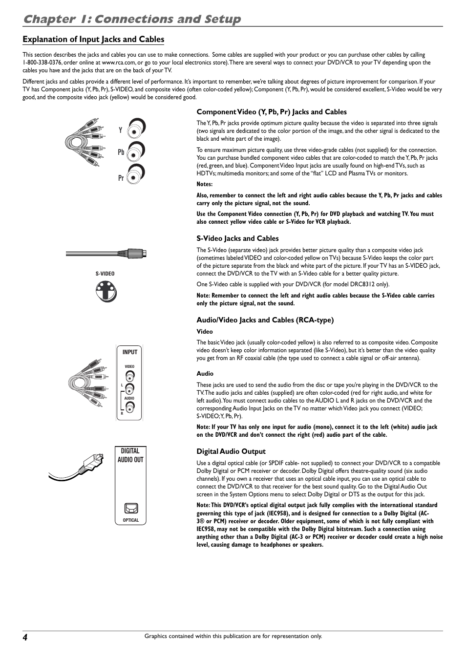 Chapter 1: connections and setup, Explanation of input jacks and cables | RCA DVD Recorder/VCR Combo User Manual | Page 6 / 68