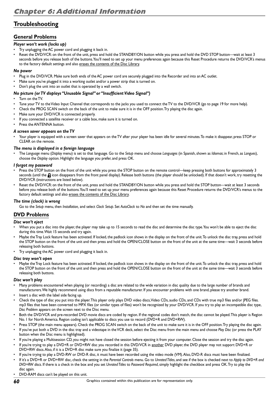Chapter 6: additional information, Troubleshooting, General problems | Dvd problems | RCA DVD Recorder/VCR Combo User Manual | Page 62 / 68