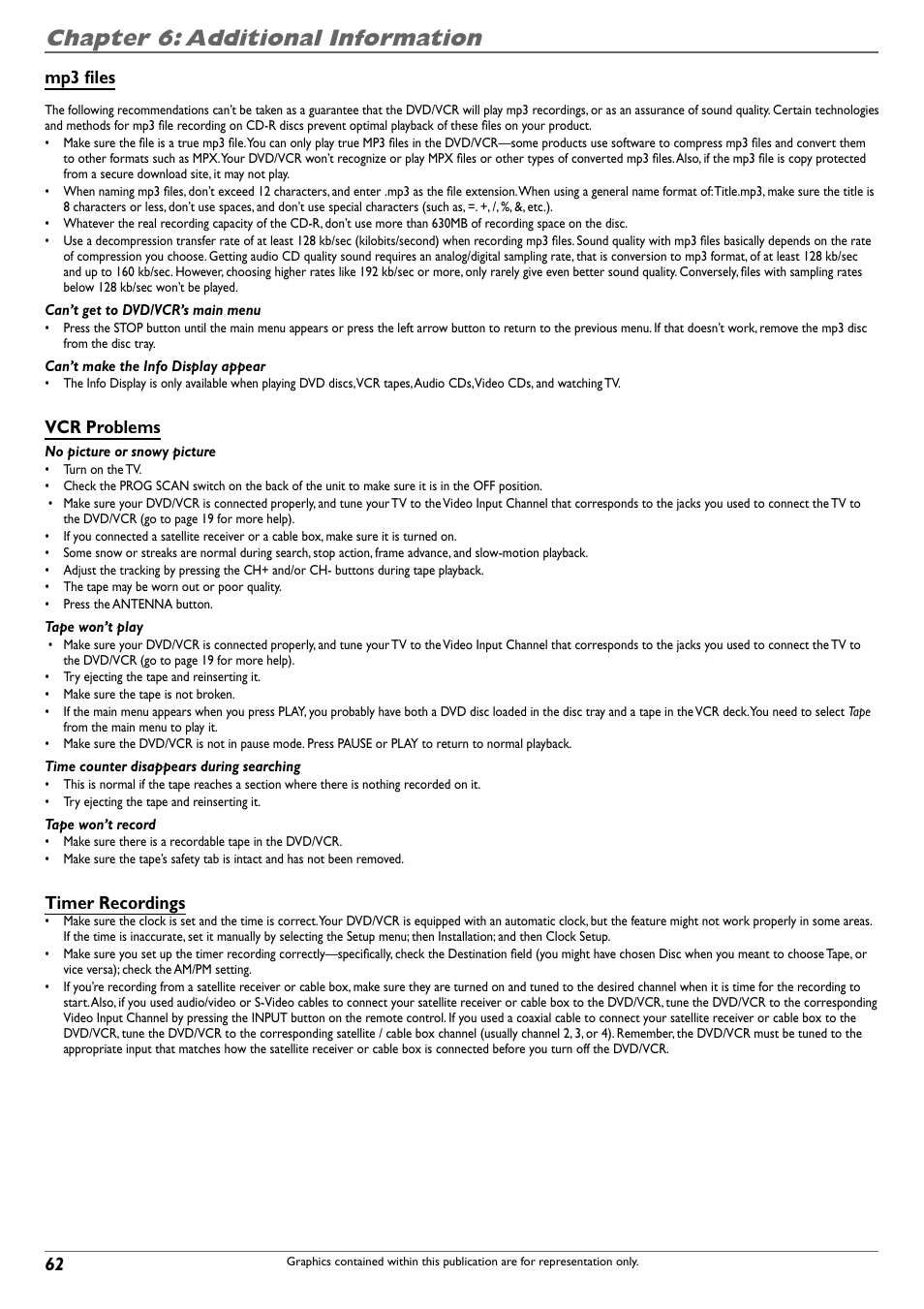 Chapter 6: additional information, Mp3 fi les, Vcr problems | Timer recordings | RCA DVD Recorder/VCR Combo User Manual | Page 64 / 68