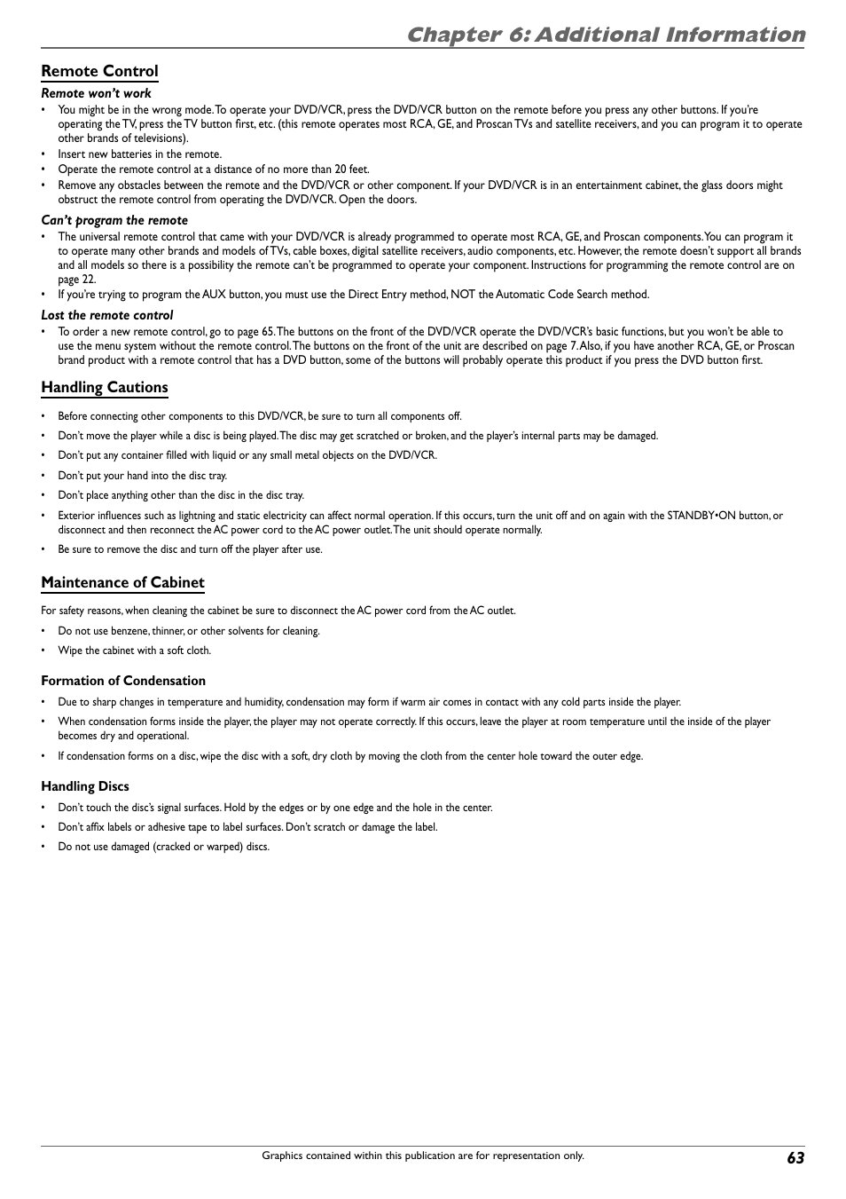 Chapter 6: additional information, Remote control, Handling cautions | Maintenance of cabinet | RCA DVD Recorder/VCR Combo User Manual | Page 65 / 68