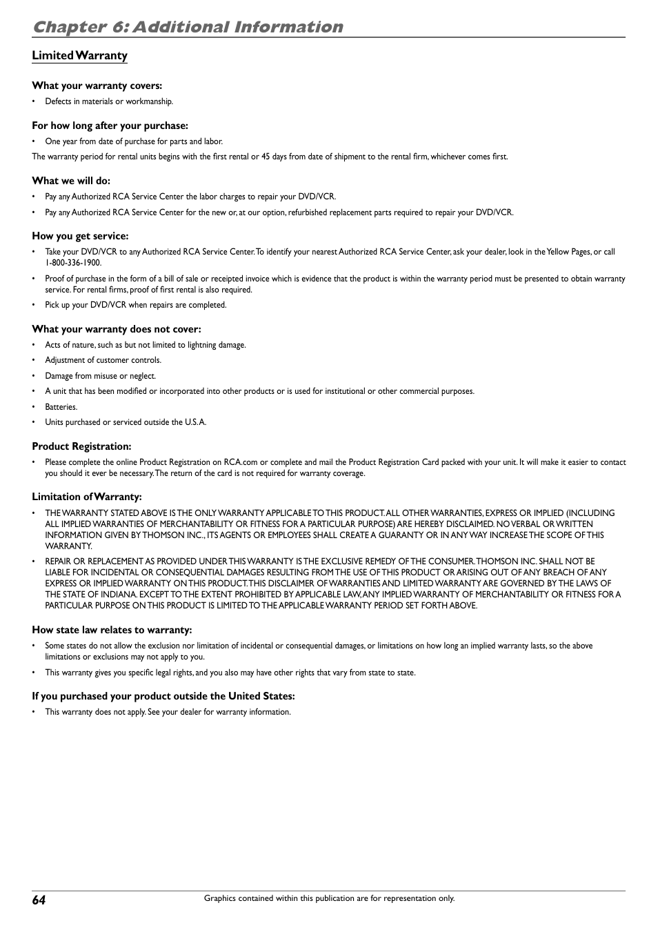 Chapter 6: additional information, Limited warranty | RCA DVD Recorder/VCR Combo User Manual | Page 66 / 68