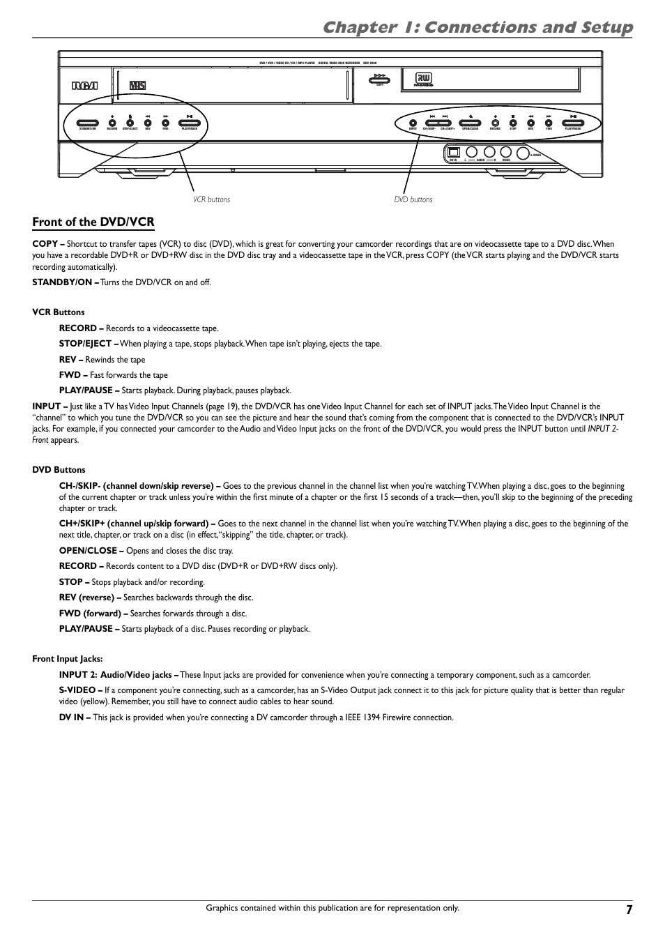 Chapter 1: connections and setup, Front of the dvd/vcr | RCA DVD Recorder/VCR Combo User Manual | Page 9 / 68