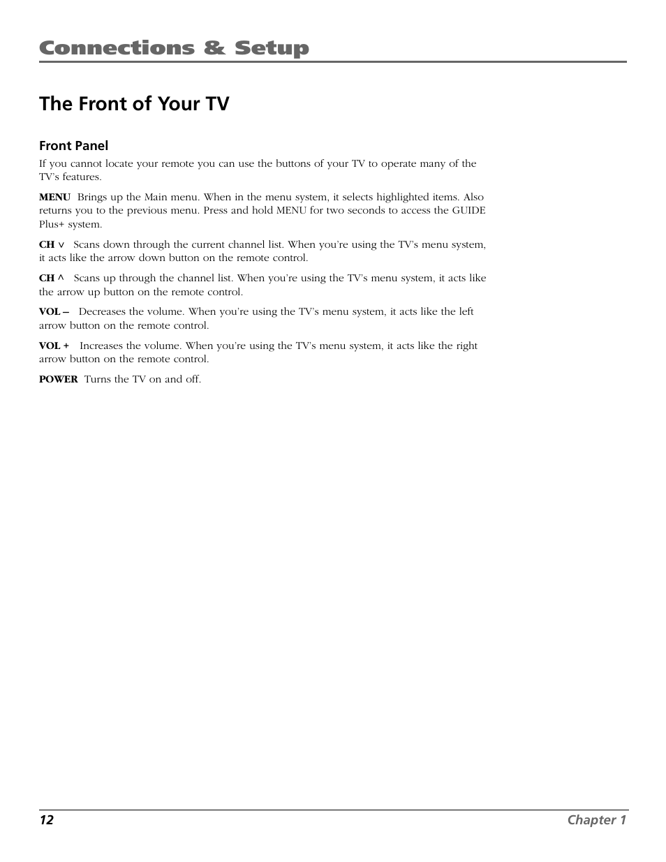 Connections & setup the front of your tv | RCA F25422 User Manual | Page 14 / 64