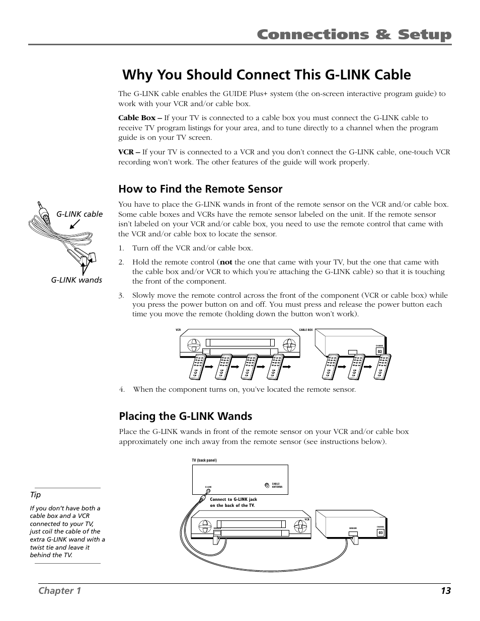 Connections & setup, Why you should connect this g-link cable, How to find the remote sensor | Placing the g-link wands, Chapter 1 13 | RCA F25422 User Manual | Page 15 / 64