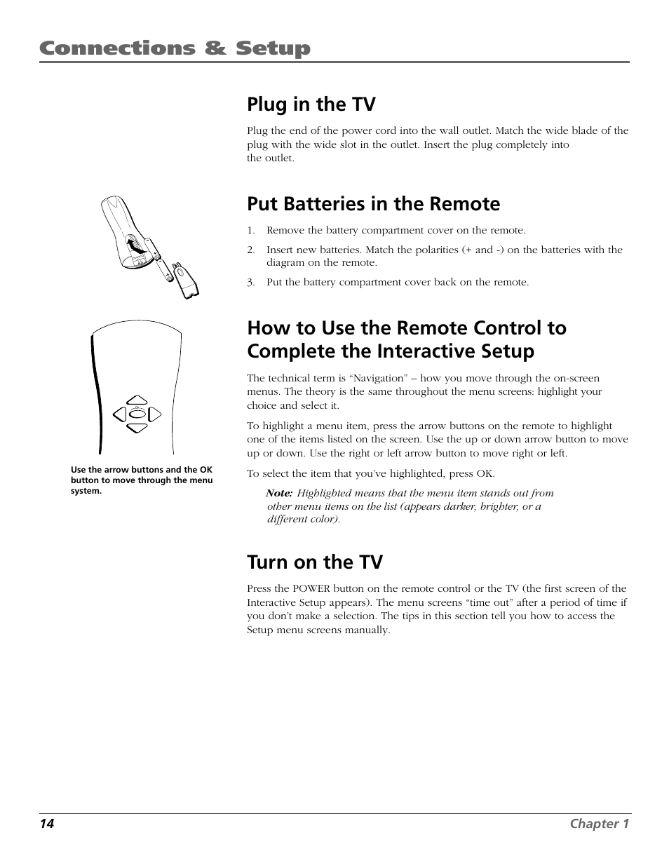Connections & setup, Plug in the tv, Put batteries in the remote | Turn on the tv | RCA F25422 User Manual | Page 16 / 64