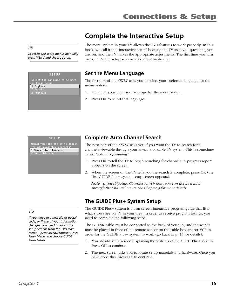 Connections & setup, Complete the interactive setup, Set the menu language | Complete auto channel search, The guide plus+ system setup | RCA F25422 User Manual | Page 17 / 64