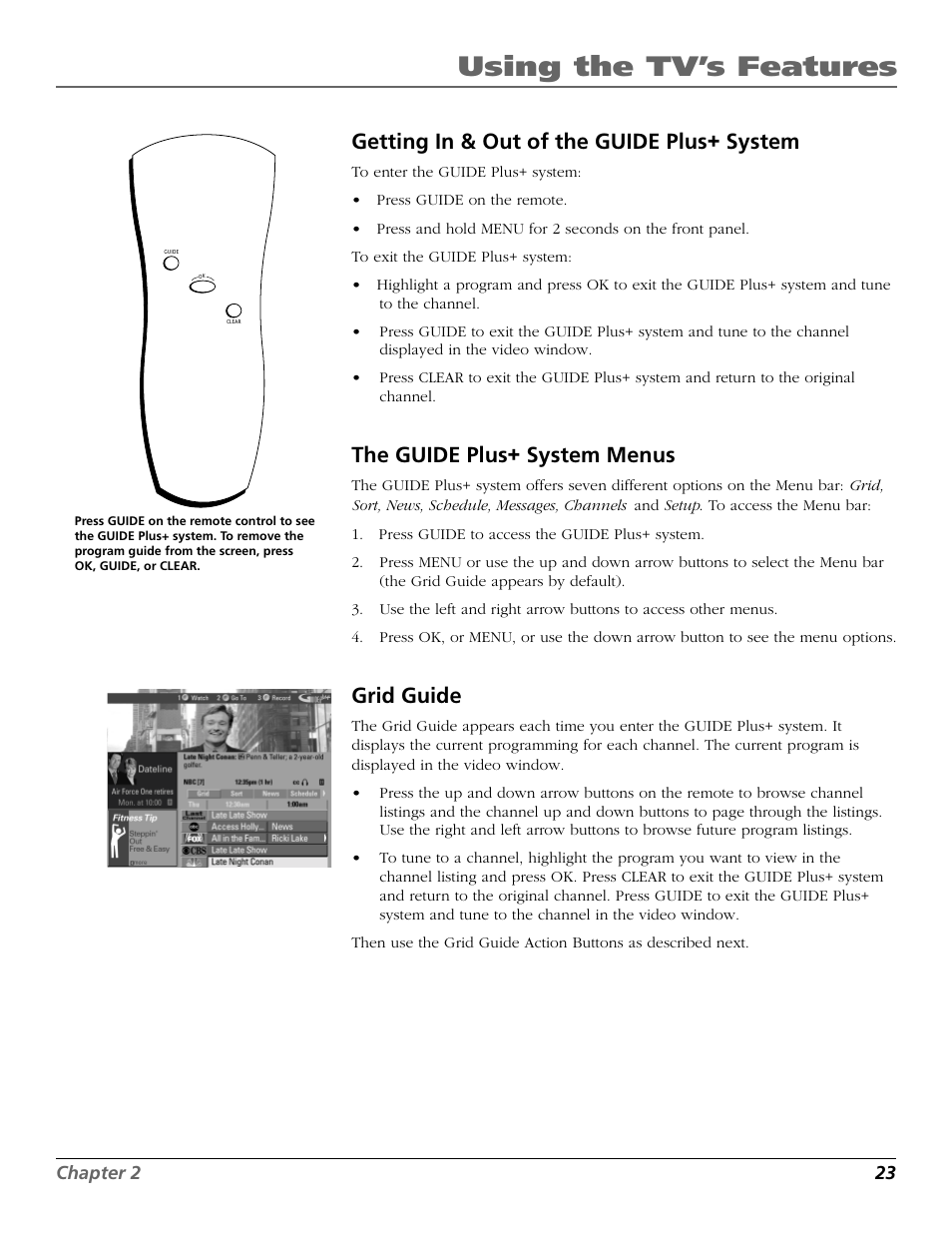 Using the tv’s features, Getting in & out of the guide plus+ system, The guide plus+ system menus | Grid guide | RCA F25422 User Manual | Page 25 / 64