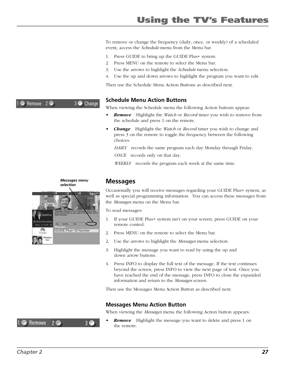 Using the tv’s features, Messages | RCA F25422 User Manual | Page 29 / 64