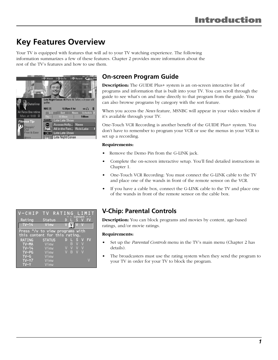 Introduction, Key features overview, On-screen program guide | V-chip: parental controls | RCA F25422 User Manual | Page 3 / 64