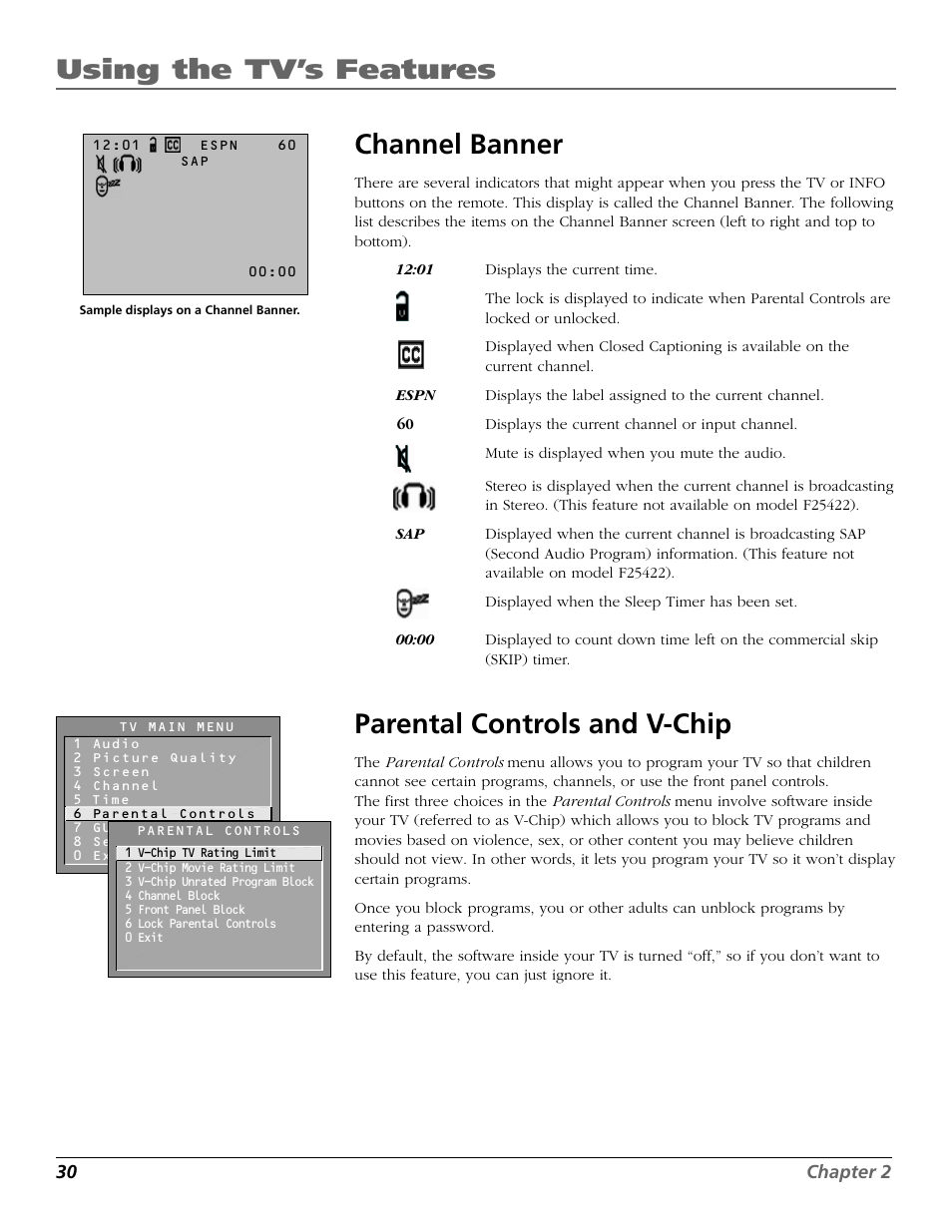 Using the tv’s features, Channel banner, Parental controls and v-chip | RCA F25422 User Manual | Page 32 / 64