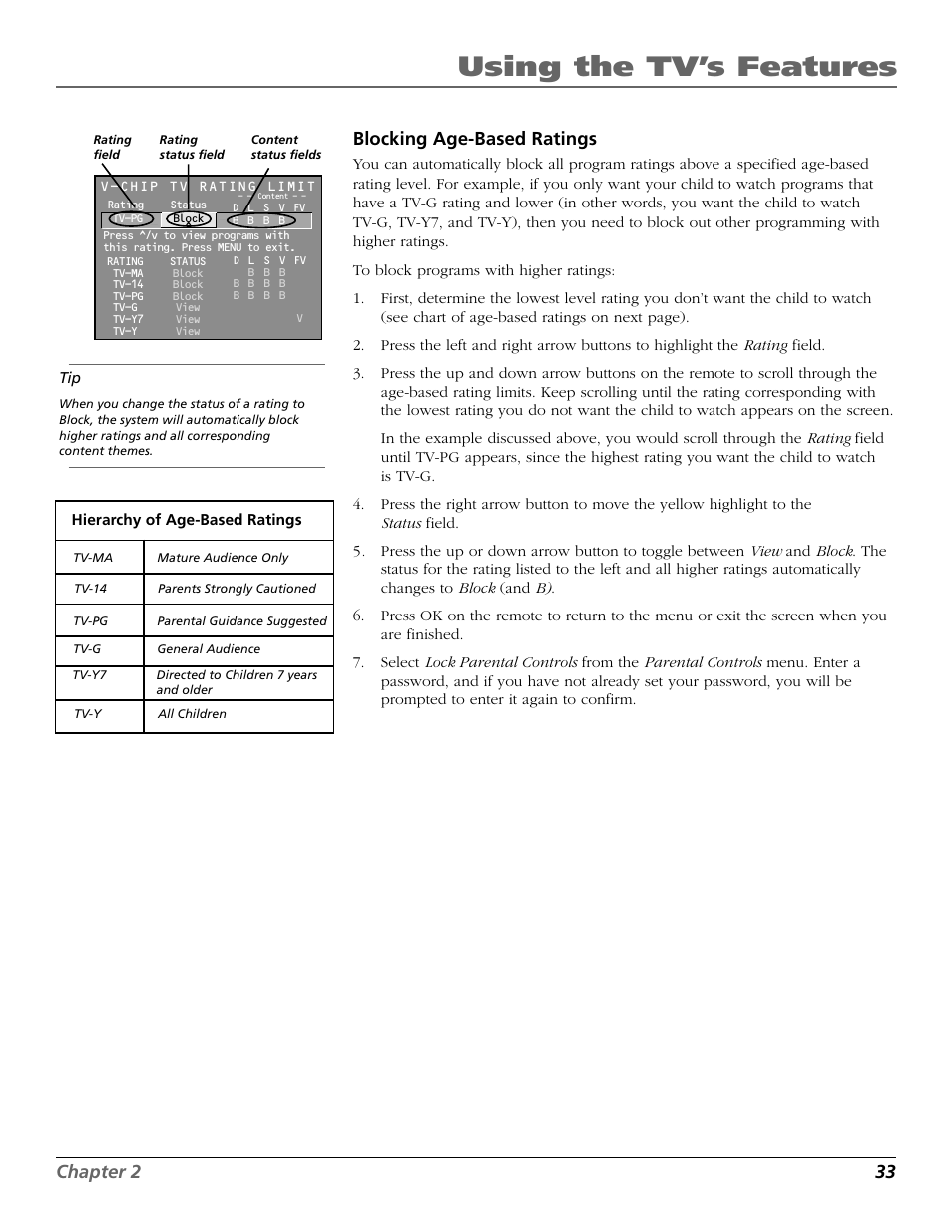 Using the tv’s features, Chapter 2 33 blocking age-based ratings | RCA F25422 User Manual | Page 35 / 64