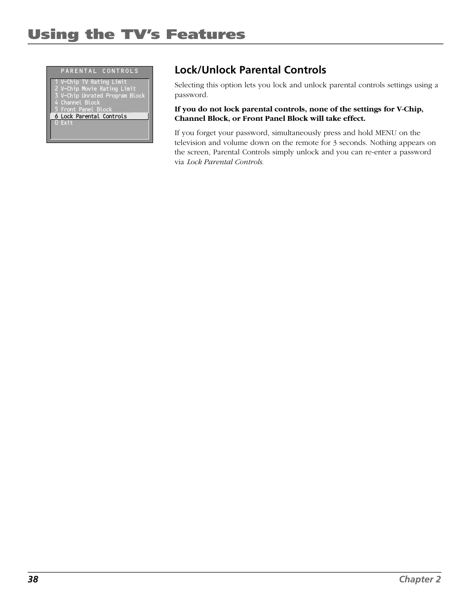 Using the tv’s features, Lock/unlock parental controls | RCA F25422 User Manual | Page 40 / 64