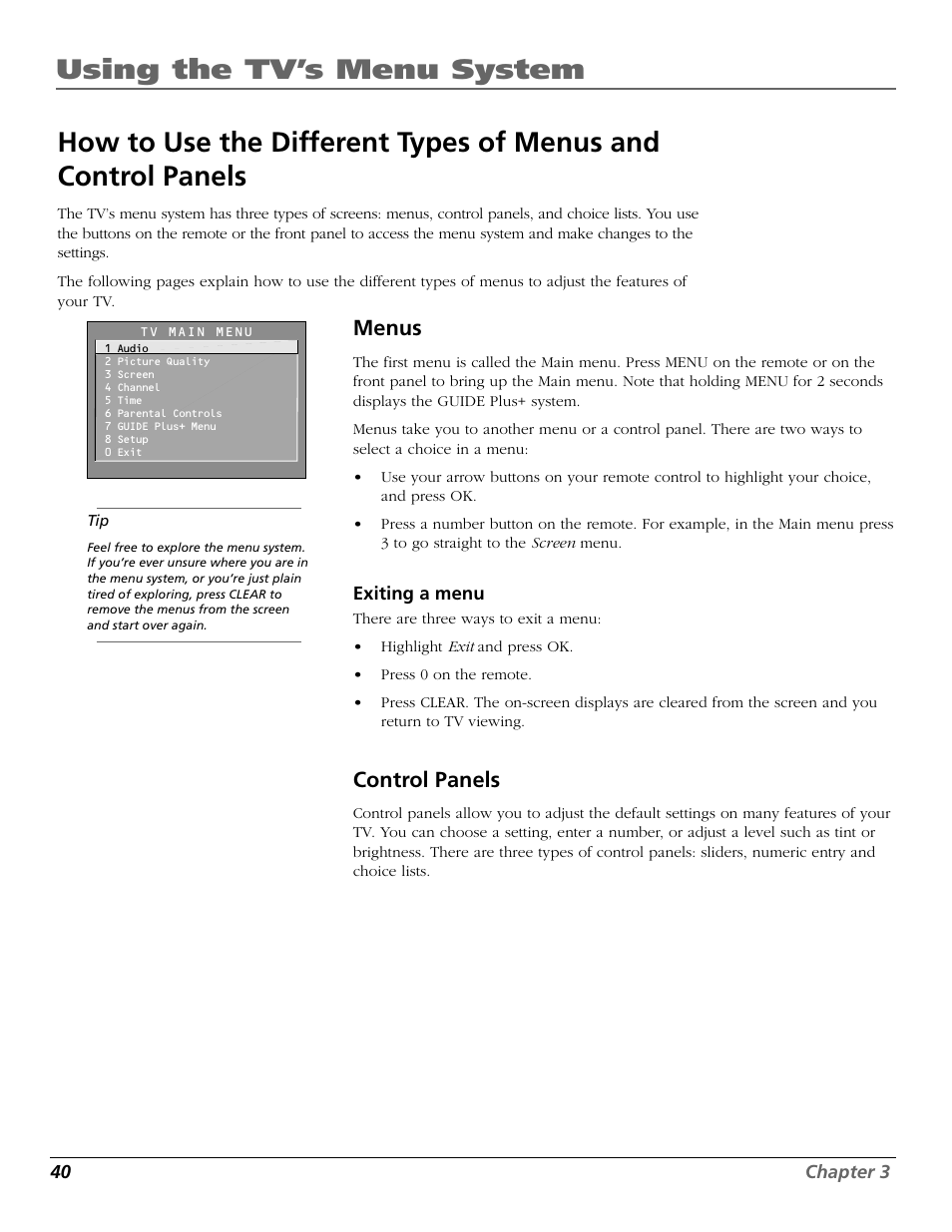 Using the tv’s menu system, Menus, Control panels | RCA F25422 User Manual | Page 42 / 64
