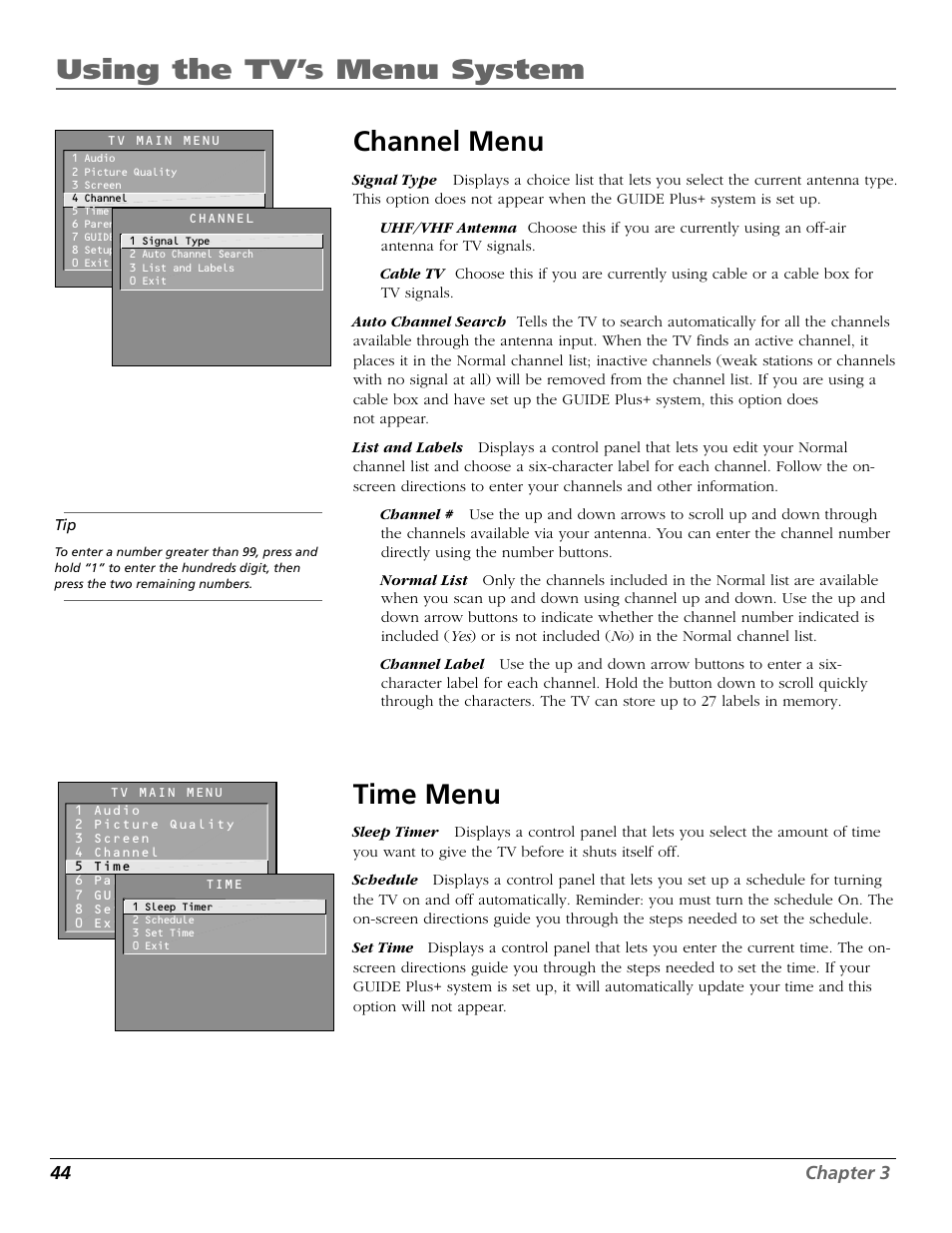 Using the tv’s menu system channel menu, Time menu | RCA F25422 User Manual | Page 46 / 64