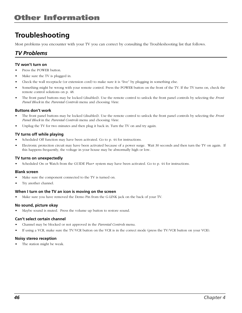 Other information, Troubleshooting, Tv problems | RCA F25422 User Manual | Page 48 / 64