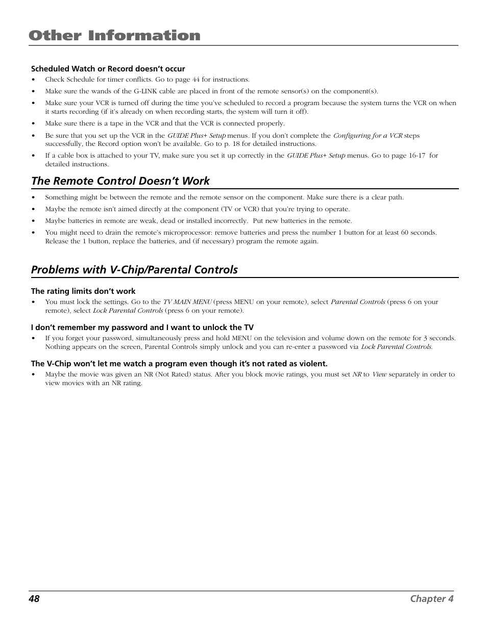 Other information, The remote control doesn’t work, Problems with v-chip/parental controls | RCA F25422 User Manual | Page 50 / 64