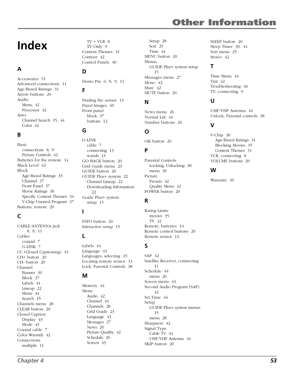 Index, Other information | RCA F25422 User Manual | Page 55 / 64