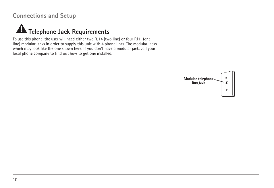 Connections and setup telephone jack requirements | RCA 25450 User Manual | Page 10 / 124