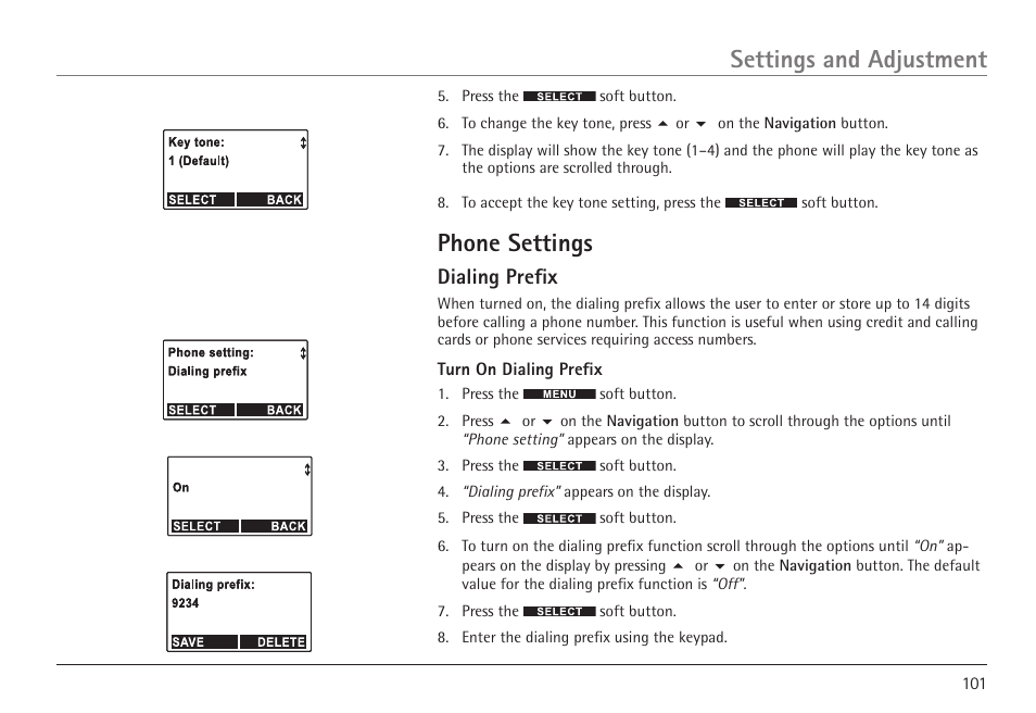 Phone settings, Settings and adjustment, Dialing prefix | RCA 25450 User Manual | Page 101 / 124