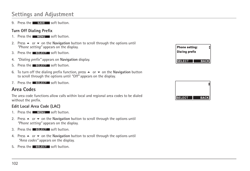 Settings and adjustment, Area codes | RCA 25450 User Manual | Page 102 / 124