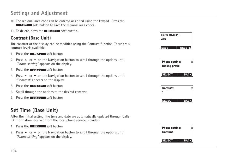 Set time (base unit), Settings and adjustment, Contrast (base unit) | RCA 25450 User Manual | Page 104 / 124