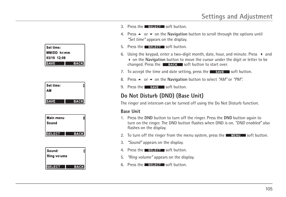 Settings and adjustment, Do not disturb (dnd) (base unit) | RCA 25450 User Manual | Page 105 / 124