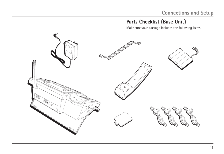 Connections and setup parts checklist (base unit) | RCA 25450 User Manual | Page 11 / 124