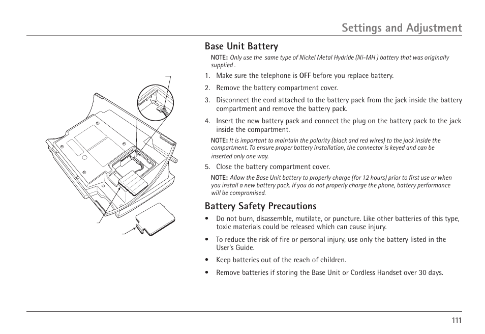Settings and adjustment, Base unit battery, Battery safety precautions | RCA 25450 User Manual | Page 111 / 124