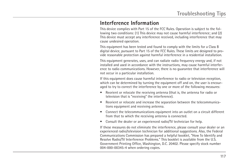 Interference information, Troubleshooting tips | RCA 25450 User Manual | Page 117 / 124